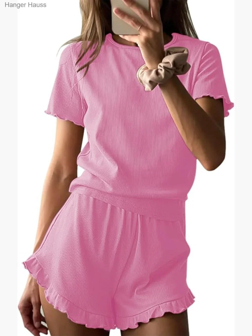 Ribbed Knit Lounge Set - Short Sleeve Pajama Set with Pockets